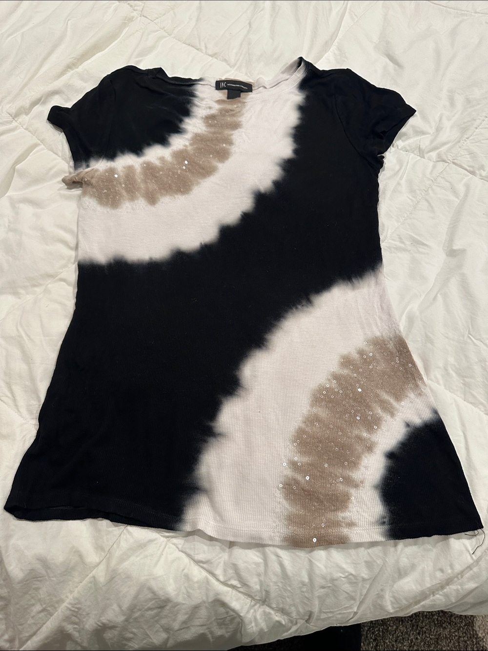 Black & White Tie-Dye Short Sleeve Top with Sequin Detail
